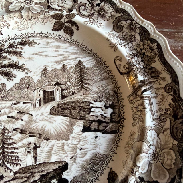 Ceramic Antique Brown Transferware Staffordshire Plate, "Baker's Falls, Hudson River" For Sale - Image 7 of 14