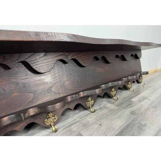 Vintage French Oak Coat Rack with 6 Brass Hooks For Sale - Image 5 of 5