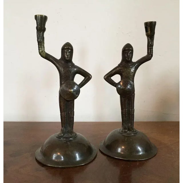 19th Century Bronze Arthurian Knights of the Middle Ages Dressed in Armor Figural Candlesticks - A Pair For Sale - Image 9 of 11