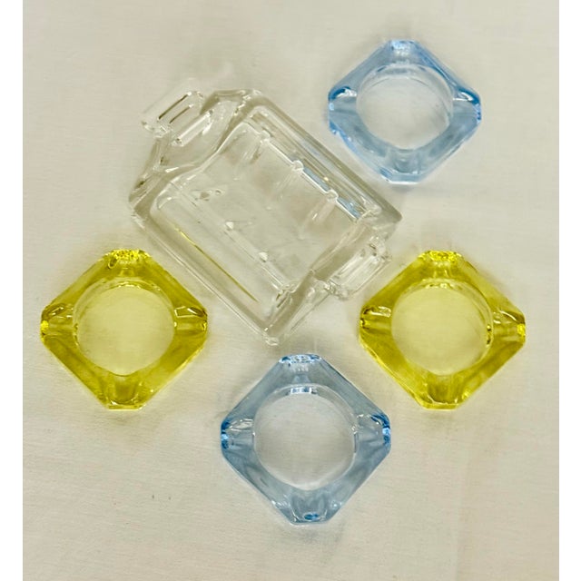 Mid 20th Century Vintage Art Deco "Bridge Party" Nesting Glass Ashtray Set in Topaz & Sapphire – 5-Piece Caddy | Palm Beach Regency Table Jewelry For Sale - Image 5 of 7