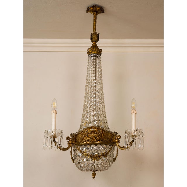 Metal Empire Style 9-Light Chandelier with Crystal Drops, 1920s For Sale - Image 7 of 14