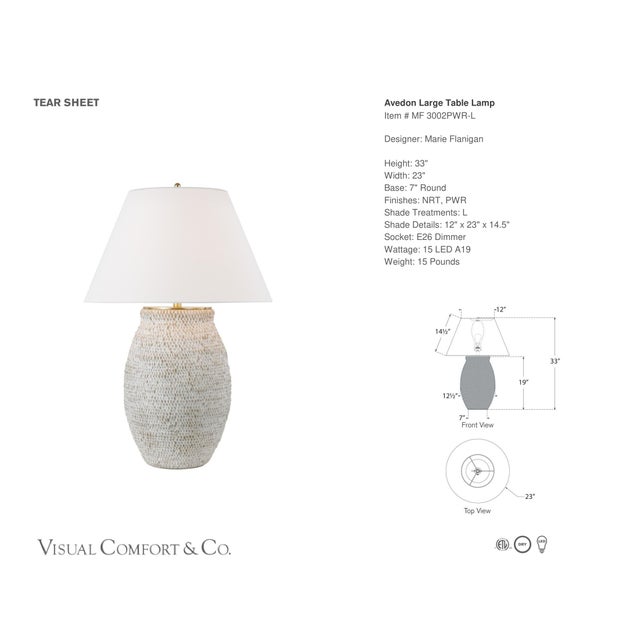 Marie Flanigan by Visual Comfort Signature Avedon Large Table Lamp in Plaster White Rattan with Linen Shade Designer:...