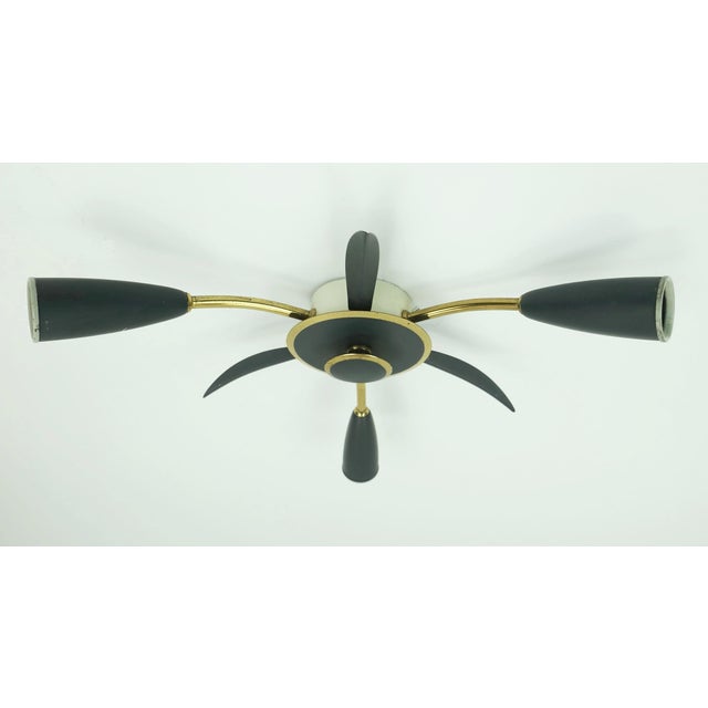 Mid-Century Modern Sputnik Three-Light Ceiling Fixture in Brass and Dark Grey Metal, 1950s For Sale - Image 11 of 11