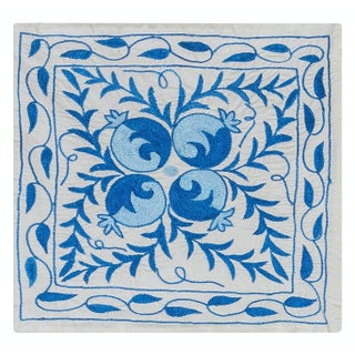 Silk Hand Embroidery Uzbek Suzani Cushion Cover in Cream and Blue. 18"x19" For Sale
