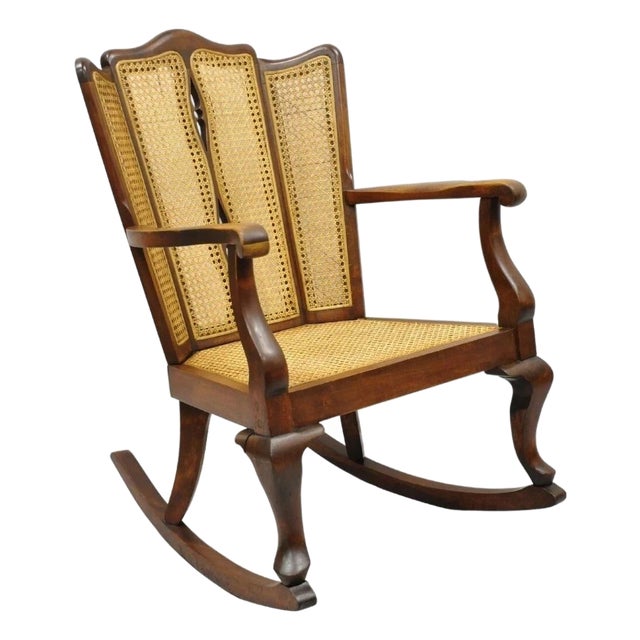 Antique Victorian Walnut and Cane Carved Rocker Rocking Chair W/ Queen Anne Legs For Sale