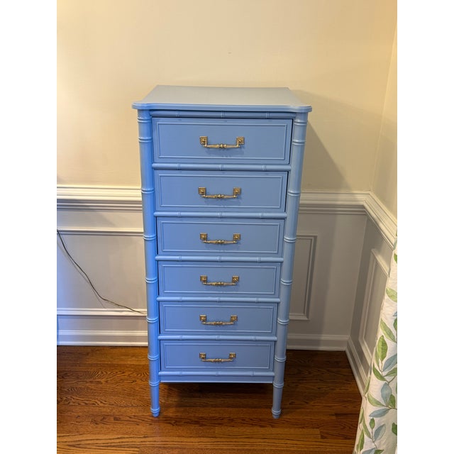An iconic Henry Link Bali Hai faux bamboo lingerie chest, professionally refinished in a sophisticated custom high-gloss...