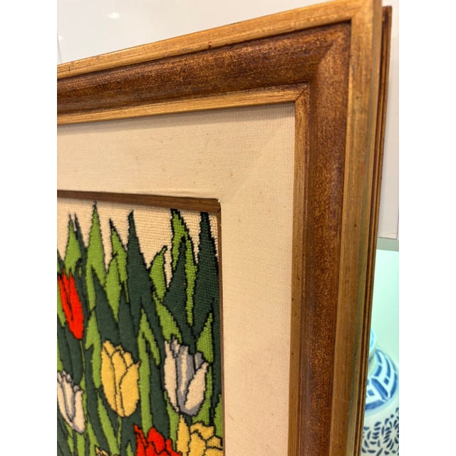 Vintage Framed Tulip Needlepoint Textile Art Scandinavian Modern Solid Wood Frame This vintage hand-worked needlepoint...