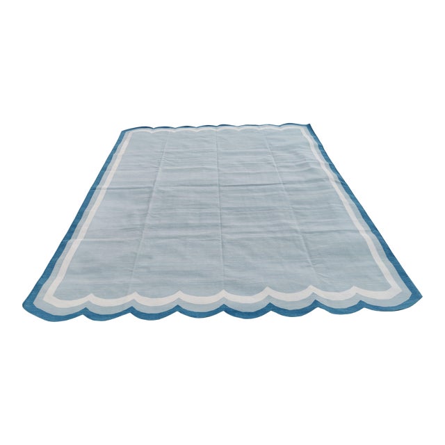 Handmade Cotton Vegetable Dyed Scalloped Edge Rug in Gray With Cream and Teal Blue Border - 10'x14' For Sale - Image 9 of 10