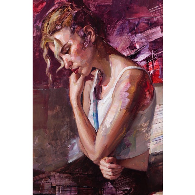 In "Up All Night," a figure sits in contemplative solitude, her expression conveying a sense of introspection and...