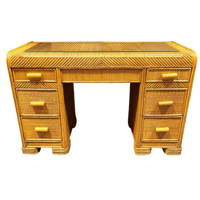 Wood Restored Art Deco Stick Reed Rattan Vanity W/ Round Mirror & Stool For Sale - Image 7 of 17