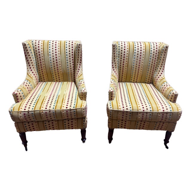 Napoleon III Wingback Armchairs in Multicoloured Striped Velvet, Set of 2 For Sale