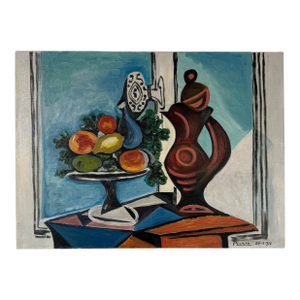 Vintage Pablo Picasso “Compote Dish and Pitcher by Window” 1937 Reproduction Oil on Canvas Painting, Unframed