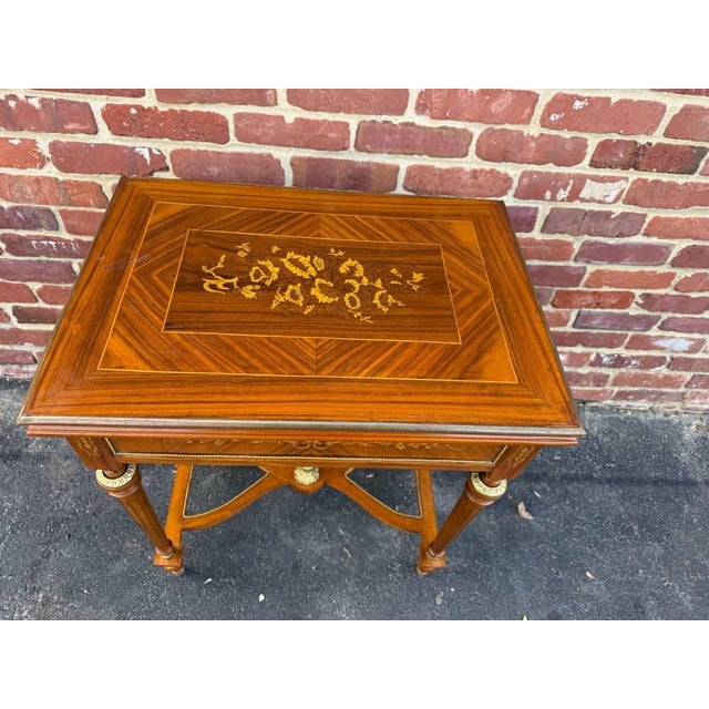 Vintage Louis XvI Style Marquetry Stretcher Base Brass Mounted Floral Inlaid Card Table For Sale - Image 15 of 16