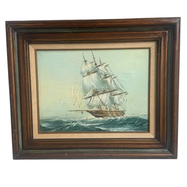 This signed mid 20th century oil painting depicts a three‑masted clipper with seagulls. The canvas is in very good...