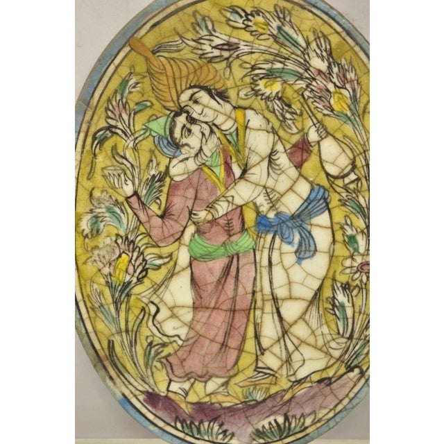 Persian Antique Persian Iznik Qajar Style Ceramic Pottery Oval Tile Hugging Couple C3 For Sale - Image 3 of 10