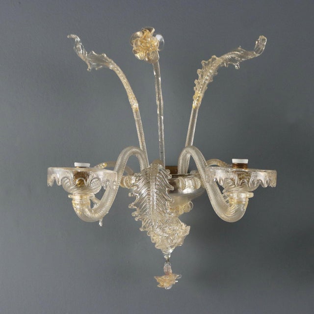 Venetian Blown Glass Wall Lights with Gold Shades, Set of 2 For Sale - Image 3 of 10