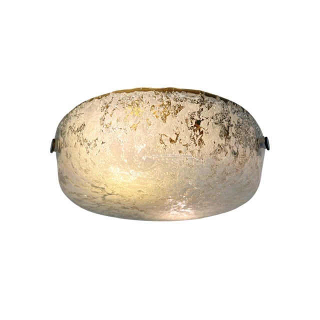 A Mid-Century Ceiling Lamp attributed to Hillebrand Germany 1960s. The glass if this drum-shaped lamp has “ice and snow”...