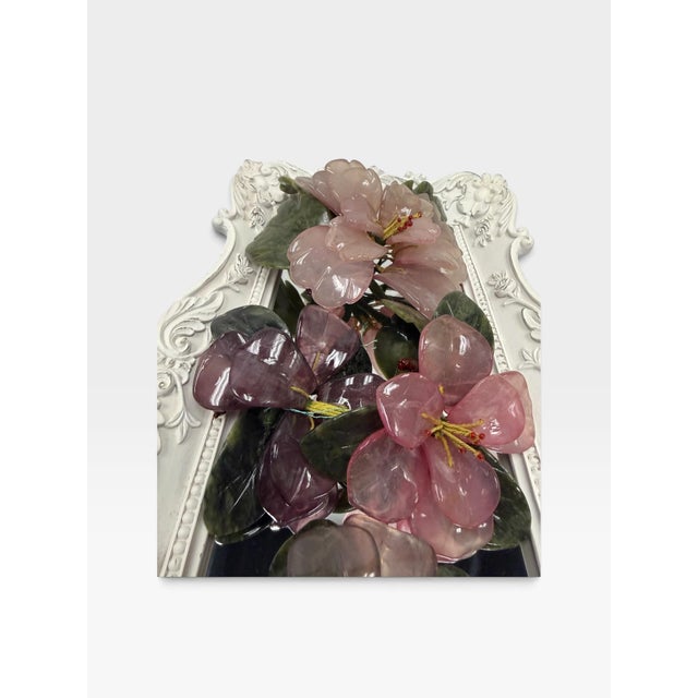 Shabby Chic Rococo Mirrored Dresser Platter & Rose Quartz Glass Flower Decor For Sale - Image 4 of 7