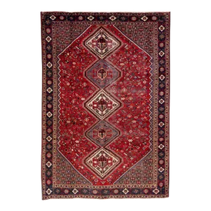 1960s Vintage Persian Shiraz Handmade Red Medallion Wool Rug