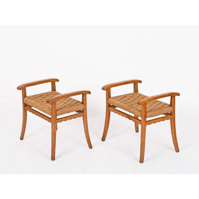 Vintage Italian Oak and Woven Rope Stools by Giuseppe Pagano, Italy, 1940s, Set of 2 For Sale - Image 11 of 14