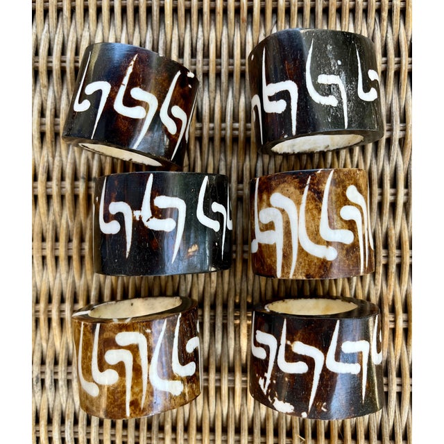 1990s Batik Cow Bone Napkin Rings- Set of 6 For Sale - Image 5 of 10