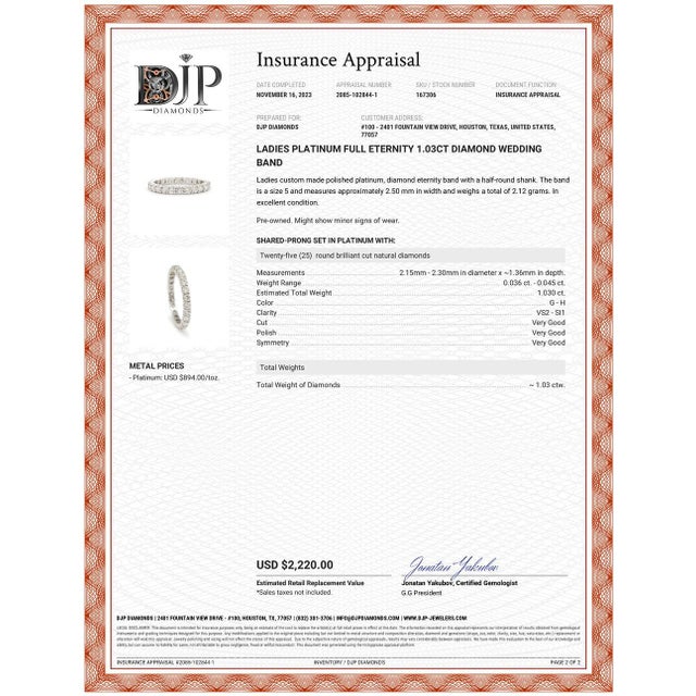 Ladies Platinum Full Eternity 1.03CT Diamond Wedding Band Size 5 For Sale In Houston - Image 6 of 6