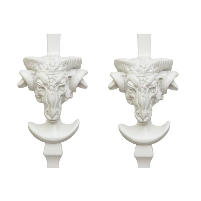 1970s Vintage Sirmos Wood Rams Head Floor Lamps With Brass Hardware, Restored, 1975 For Sale - Image 5 of 11