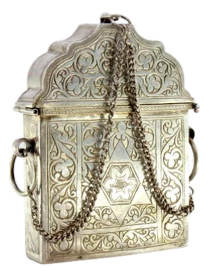 Silver Snuff Box with Hebrew-Style Engravings and Double Safety Chain
