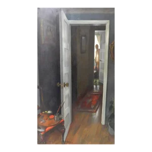 Life-Size Original Oil Painting Interior With Female Nude in Doorway