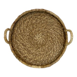 Vintage French Round Wicker Serving Tray For Sale