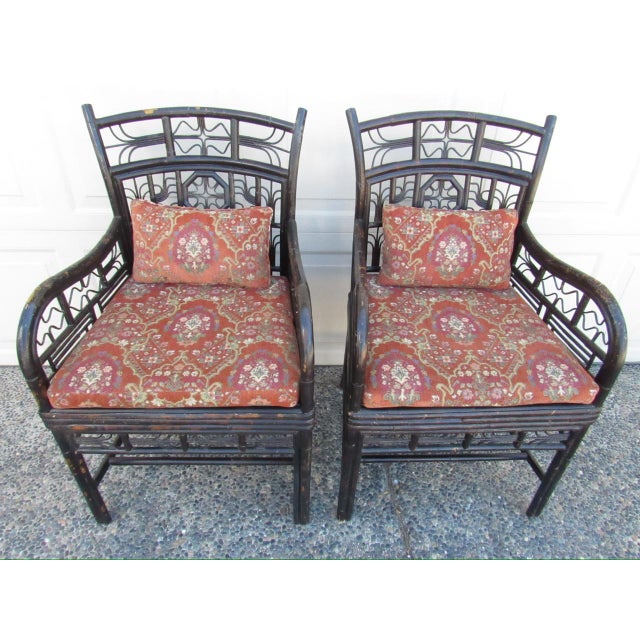 Brighton Pavilion Pair of Ebonized Bamboo Armchairs in the Brighton Pavillion Style For Sale - Image 4 of 18