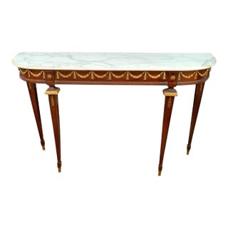 Early 20th Century Table Wood With Brass Details and Marble Top Entryway Console French Style Decor For Sale