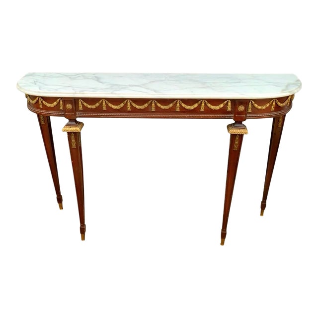 Early 20th Century Table Wood With Brass Details and Marble Top Entryway Console French Style Decor For Sale
