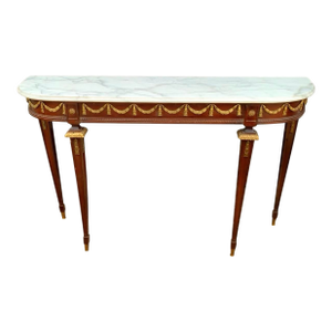 Early 20th Century Table Wood With Brass Details and Marble Top Entryway Console French Style Decor