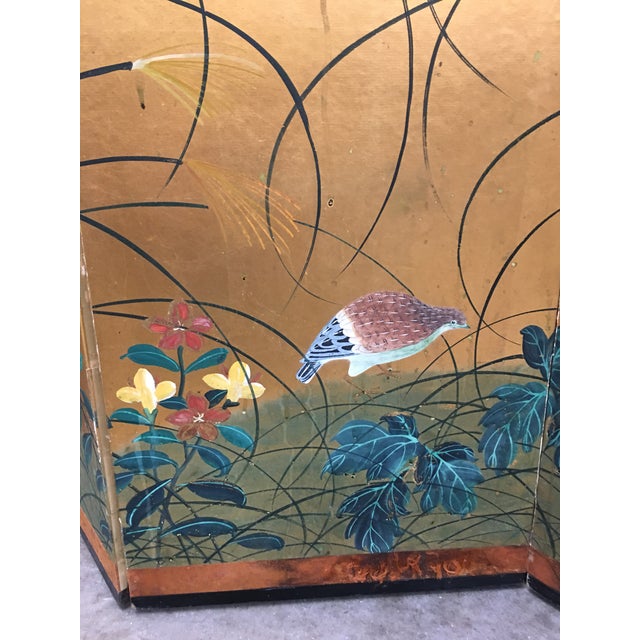 Asian Vintage Painted Folding Screen With Florals & Birds For Sale - Image 3 of 9