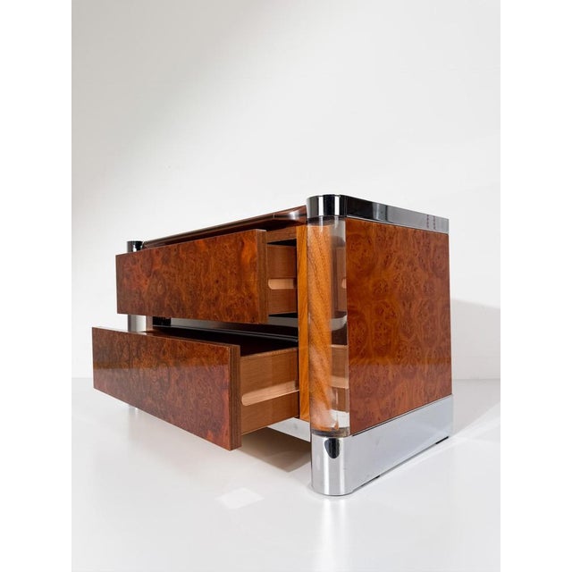 Mid-Century Burl Wood, Chrome and Acrylic Glass Nightstands, 1970s, Set of 2 For Sale - Image 10 of 18