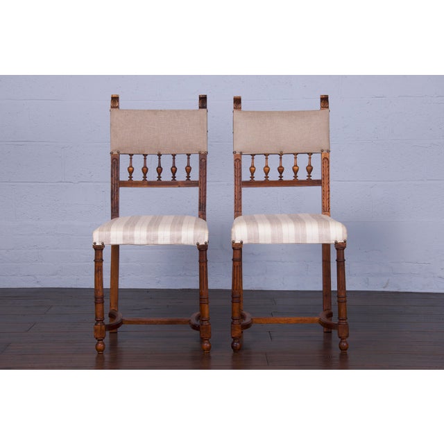 Antique French Renaissance Henry II Style Walnut Dining Chairs W/ Linen Fabric - Set of 6 For Sale In New York - Image 6 of 13