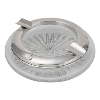Vintage 20th Century Silver Plated & Cut Glass Cigar Ashtray with Naval Badge, 1930s For Sale