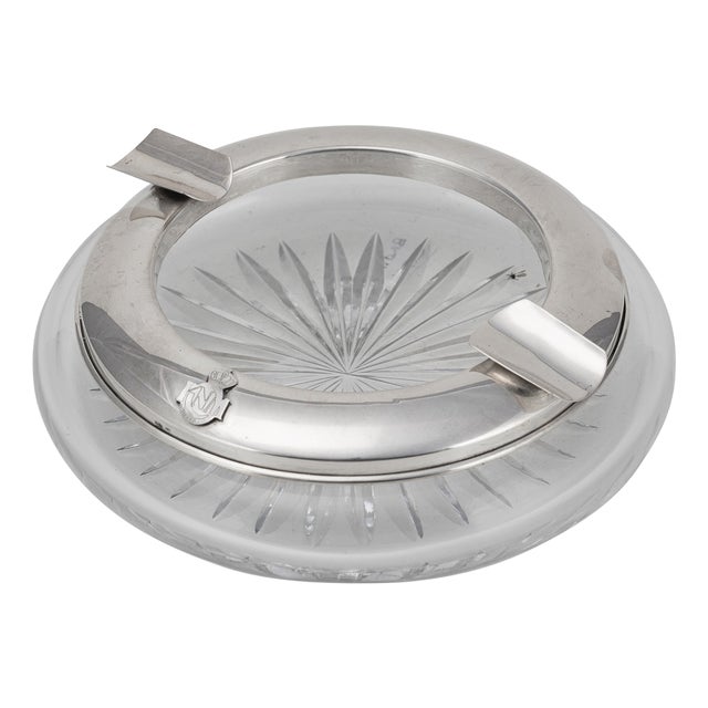 Vintage 20th Century Silver Plated & Cut Glass Cigar Ashtray with Naval Badge, 1930s For Sale