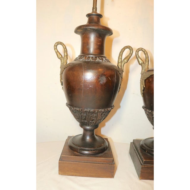 1940s Pair of 2 Large Antique Hand Carved Wood Brass Swan Sculpture Urn Style Lamps For Sale - Image 12 of 12