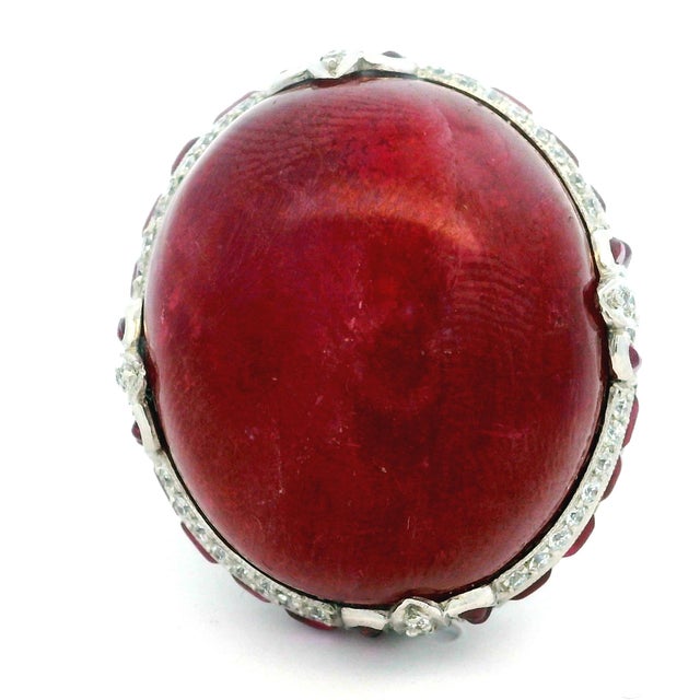 Modern Vintage Platinum Cabochon Ruby, Ruby and Diamond Statement Ring, Size 6.5 For Sale - Image 3 of 15