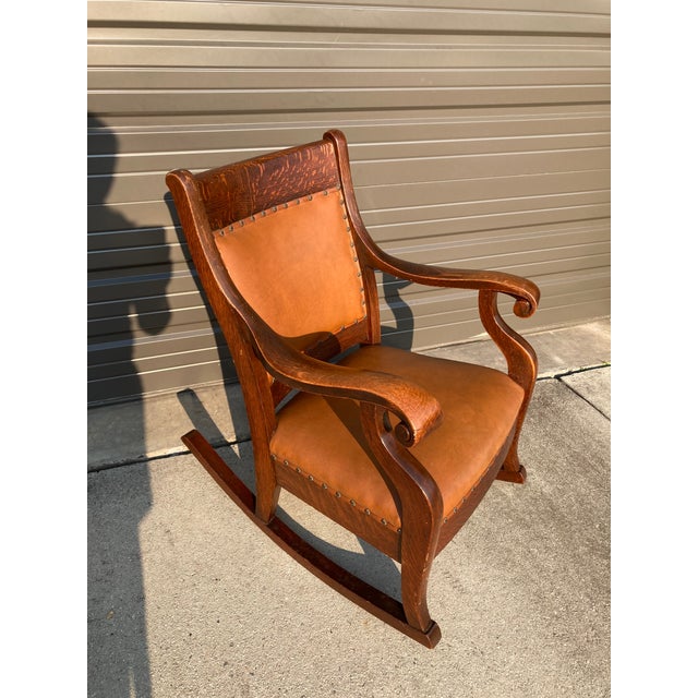 Late 19th Century Antique Quartersawn Oak Rocking Chair With Leather ...