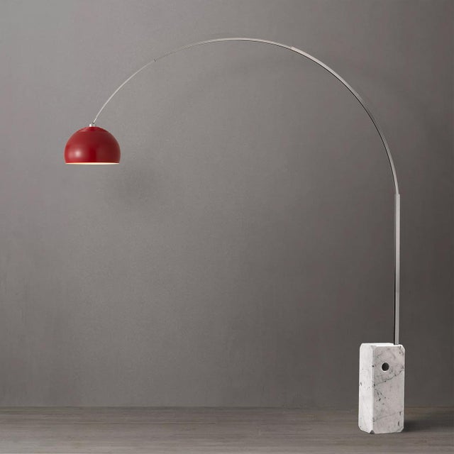 Nova 95" Nova of California Iconic Half Dome - Modern Arc Lamp, Crimson Red Shade, Satin Nickel Steel, White Marble Base, Dimmable For Sale - Image 4 of 4