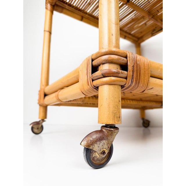 Mid-Century Modern Italian Bamboo Cane and Rattan Bar Cart, 1970s For Sale - Image 18 of 18