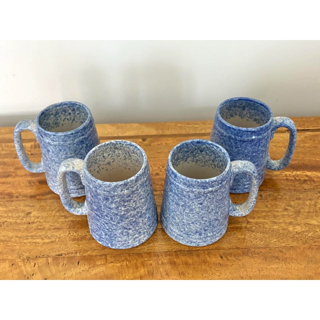Vintage set of 4 blue spongeware pottery mugs. Like your favorite cozy blue jeans, they go with everything. I ship quickly...
