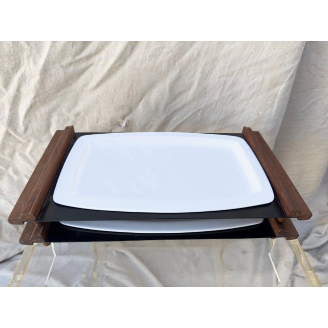 MCM Cutco Appetizer Trays, metal with wood handles and feet and ceramic plates. Set of 3. Stackable too. Great for get...