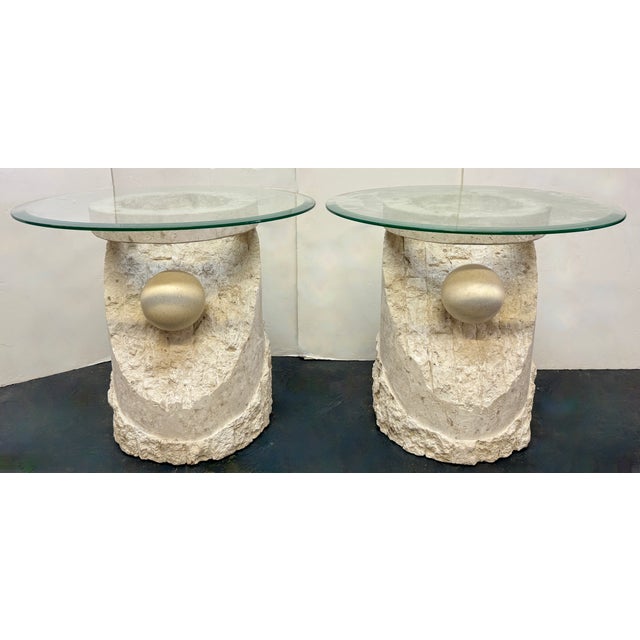 Pair of Vintage Postmodern Mactan Stone Side Tables, highly sought-after design pieces from the 1980s. The bases are made...
