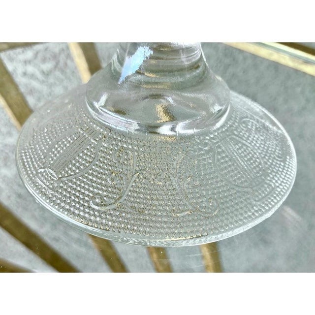 Circa 1950 Whimsical “Harp” Scalloped Gilt Edge Pedestal Cake Stand by Jeannette Glass For Sale - Image 13 of 18
