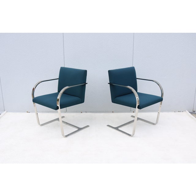 Ludwig Mies Van Der Rohe Brno Flat Bar Chairs in Blue Fabric by Gordon, a Pair For Sale - Image 9 of 18