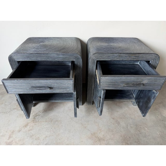 Mid-Century Modern Vintage Coastal Pencil Reed Rattan Nightstands With Blackwashed Finish – Pair For Sale - Image 3 of 13